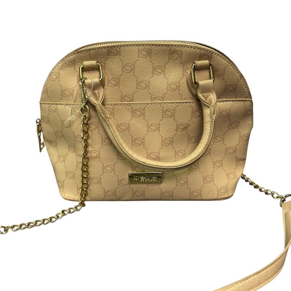 Bebe Beige Crossbody Bag with Gold Accents dome shaped zip closure